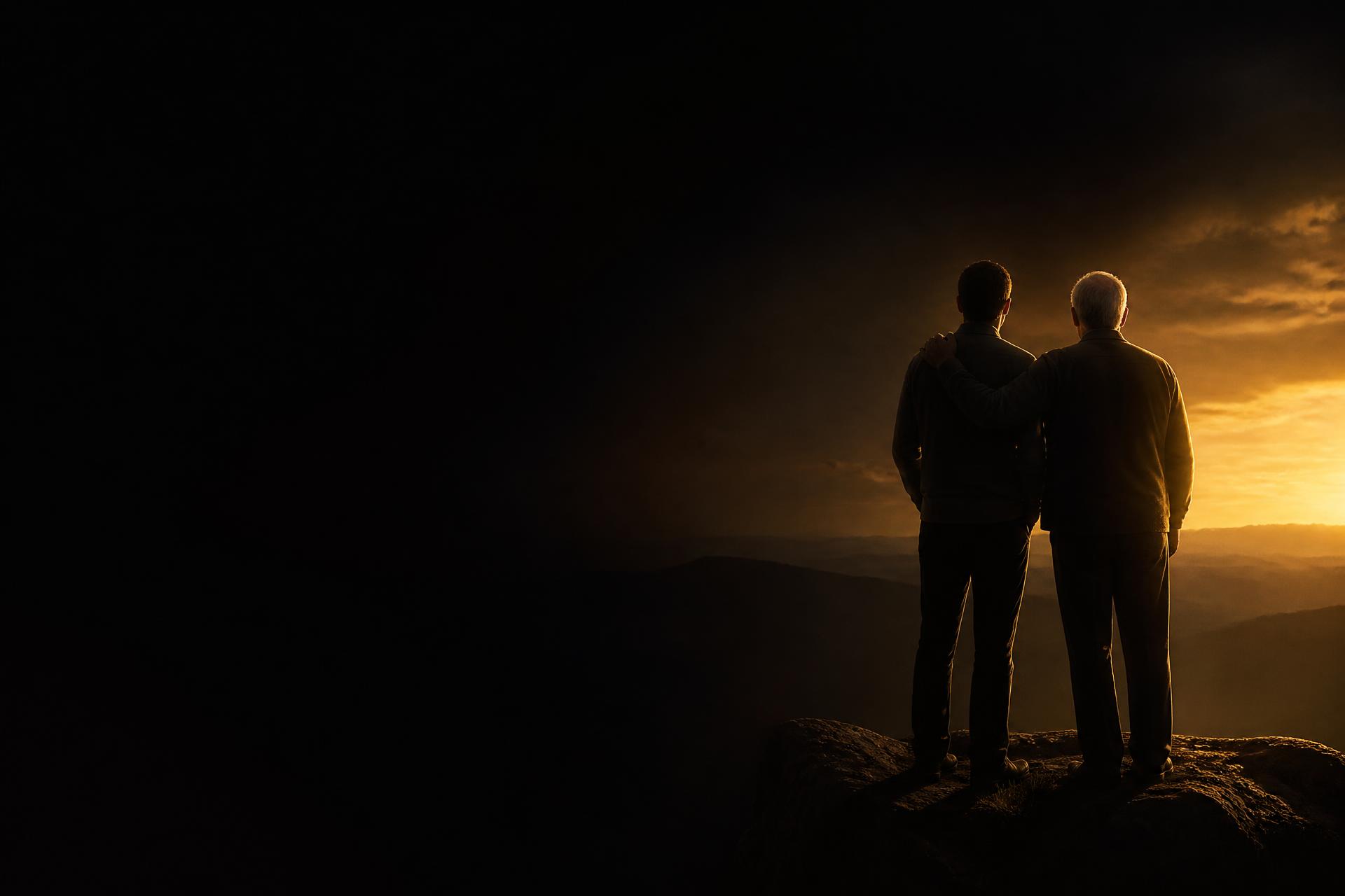 Pai e filho contemplando o horizonte dourado